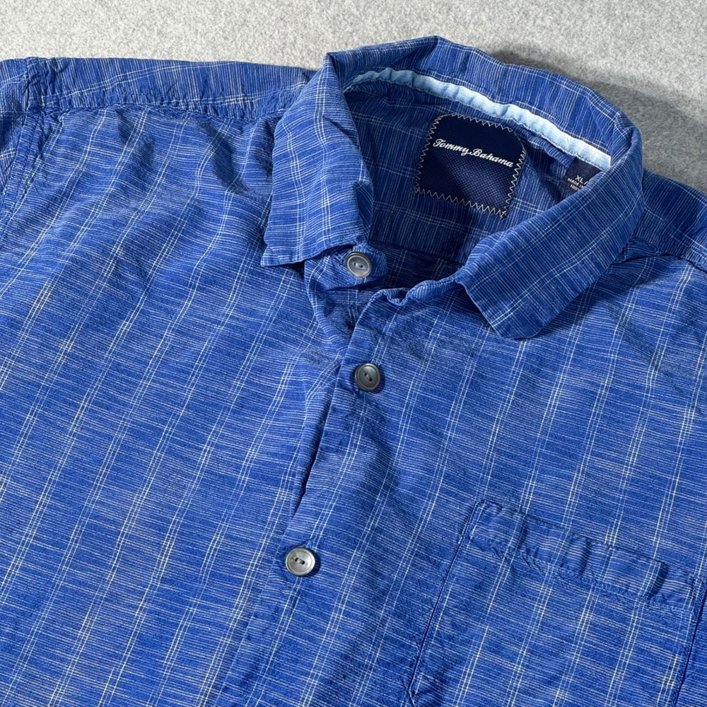 Tommy Bahama Silk Blue Grid Short Sleeve Button Down Shirt XL Womens Oversized
